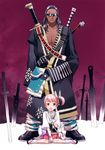  1girl bad_id bad_pixiv_id candy dark_skin field_of_blades food height_difference kaya8 lollipop original pink_hair planted_sword planted_weapon scar side_ponytail sitting size_difference standing sunglasses swirl_lollipop sword wariza weapon 
