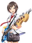  bass_guitar blush brown_eyes brown_hair collared_shirt fender fender_jazz_bass guitar highres holding instrument jacket loose_necktie music navel necktie playing_instrument seto_ferb shirt short_hair shorts simple_background smile solo tokyo_7th_sisters tomohiro_kai white_background white_shirt wristband 