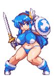  animated animated_gif armor bikini_armor bikini_bottom blue_eyes blue_hair boots bouncing_breasts breasts fighting_stance gloves hairband huge_breasts impossible_clothes impossible_shirt long_hair lowres navel original pixel_art sb_(coco1) shield shirt solo sword tecna weapon 