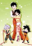  1girl 3boys :d age_difference bangs black_eyes black_hair blue_hair blush bound brothers casual couple dougi dragon_ball dragon_ball_z green_background hands_on_another's_shoulders height_difference highres hug multiple_boys muraosa_(conjecture) open_mouth parted_bangs red_ribbon ribbon shoes short_hair shorts siblings smile son_gohan son_goten spiked_hair sweatdrop teeth tied_up trunks_(dragon_ball) videl wristband 