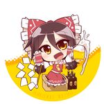  :d alcohol beer beer_mug blush bottle bow box brown_eyes brown_hair character_name chibi cup detached_sleeves donation_box gohei hair_bow hair_ribbon hair_tubes hakurei_reimu happy head_tilt holding holding_cup kuresento looking_at_viewer midriff navel on_box open_mouth ribbon sitting sitting_on_box sitting_on_object smile solo touhou tsurime 