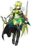  black_footwear blackjd83 boots bow_(weapon) cape elsword full_body green_eyes green_hair green_skirt long_hair miniskirt night_watcher_(elsword) official_art pointy_ears rena_(elsword) reverse_grip serious skirt solo standing sword thigh_boots thighhighs very_long_hair weapon white_background 