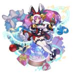  1girl artist_request box castle cleo_(dragalia_lost) dagger dragalia_lost gift gift_box gradient_hair hood long_hair looking_at_viewer midriff_cutout multicolored_hair non-web_source official_art pink_hair purple_eyes purple_hair ribbon santa_costume snow_globe solo thighhighs twintails weapon 