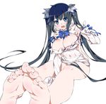  areolae arm_ribbon barefoot black_hair blue_eyes blush breasts cleavage cleavage_cutout dress dungeon_ni_deai_wo_motomeru_no_wa_machigatteiru_darou_ka feet gloves hair_ornament hair_ribbon happy hestia_(danmachi) highres large_breasts legs long_hair looking_at_viewer niko_(tama) open_mouth pov_feet rei_no_himo ribbon simple_background sitting smile soles solo toes twintails white_background white_dress white_gloves wiggling_toes 