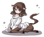 animal_ears blue_eyes brown_hair centaur horse_ears monster_girl off_shoulder original oversized_clothes short_hair sindre sitting sleeves_past_wrists solo sweater tail turtleneck 
