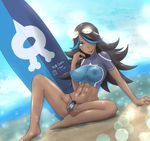  abs barefoot black_hair blue_eyes blue_hair breasts covered_nipples dark_skin g-string goggles goggles_on_head hair_over_one_eye impossible_clothes izumi_(pokemon) large_breasts lens_flare lipstick long_hair makeup midriff milk_carton-chan multicolored_hair navel panties pokemon pokemon_(game) pokemon_oras pubic_hair smile solo surfboard swimsuit tankini team_aqua thong underwear 