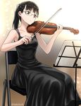  artist_name bangs bare_shoulders black_dress black_hair brown_eyes character_request dress glasses instrument music_stand ponytail sitting solo tea_(nakenashi) violin 