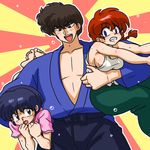  1boy 2girls blue_eyes blue_hair braid genderswap holding kunou_tatewaki lowres multiple_girls ranma-chan ranma_1/2 red_hair saotome_ranma short_hair sideboob single_braid sweat tendou_akane wantan-orz 