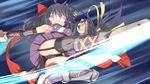  black_hair bow garter_straps glowing glowing_eyes hair_bow long_hair ninja ole_tower planer_(ole_tower) purple_eyes purple_hair scarf solo speed_lines yuto_(dialique) 