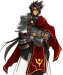  armor artist_request bangs black_hair cape elsword expressionless gloves long_hair male_focus official_art parted_bangs penensio_(elsword) red_cape solo spiked_hair tabard white_background yellow_eyes 