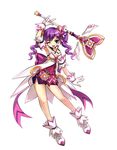  ;d aisha_(elsword) arm_up armpits back_bow bare_legs blackjd83 bow breasts cleavage coat contrapposto dimension_witch_(elsword) elsword full_body gloves hair_ornament highres holding holding_wand miniskirt official_art one_eye_closed open_mouth pink_bow pink_ribbon purple_eyes purple_hair purple_skirt ribbon shoes short_hair skirt small_breasts smile solo standing twintails wand white_background white_gloves 