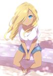  blonde_hair blue_eyes casual hair_over_one_eye highres inazuma_eleven_(series) inazuma_eleven_go inazuma_eleven_go_chrono_stone knees_apart_feet_together long_hair looking_at_viewer no_pupils reiza sekina shoes shorts sitting solo 