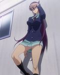  1girl hizaki_chikage long_hair miniskirt purple_hair school_uniform screencap short_skirt skirt solo standing stitched triage_x 