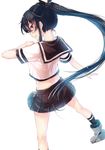  bad_id bad_nicoseiga_id banned_artist black_hair black_skirt cosplay kantai_collection kyara36 long_hair long_ponytail midriff nape pose red_eyes sailor_collar school_uniform serafuku shikinami_(kantai_collection) shikinami_(kantai_collection)_(cosplay) skirt smile socks solo wind wind_lift yahagi_(kantai_collection) 