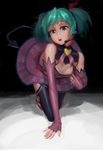  all_fours alternate_hair_length alternate_hairstyle aqua_eyes aqua_hair bare_shoulders breasts cleavage_cutout cleavage_reach demon_tail doyora elbow_gloves fingerless_gloves gloves hatsune_miku headset heart_hunter_(module) looking_at_viewer project_diva project_diva_(series) short_twintails small_breasts solo tail twintails vocaloid 