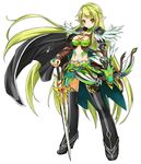  black_footwear blackjd83 boots bow_(weapon) breasts cape cleavage elsword full_body green_eyes green_hair green_skirt large_breasts long_hair miniskirt night_watcher_(elsword) official_art pointy_ears rena_(elsword) serious skirt solo standing sword thigh_boots thighhighs very_long_hair weapon white_background 