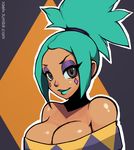  aqua_hair aqua_lipstick breasts cerebella_(skullgirls) cleavage dark_skin detached_sleeves dress eyeshadow facial_tattoo high_ponytail large_breasts lips lipstick looking_at_viewer makeup no_hat no_headwear off-shoulder_dress off_shoulder rael_vittao short_hair skullgirls smile solo tattoo upper_body watermark web_address 