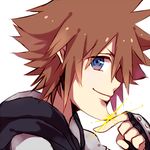  black_gloves blue_eyes brown_hair chin closed_mouth face finger_to_chin fingerless_gloves glint gloves kingdom_hearts looking_at_viewer lowres male_focus pinko_(inazume-panko) simple_background smile solo sora_(kingdom_hearts) sparkle white_background 