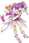  :d aisha_(elsword) back_bow bare_legs blackjd83 bow breasts cleavage detached_collar dimension_witch_(elsword) elsword full_body gloves hair_ornament hairclip hand_on_hip holding holding_wand leaning_forward miniskirt official_art open_mouth pink_bow pink_ribbon purple_eyes purple_hair purple_skirt ribbon salute shoes short_hair skirt small_breasts smile solo twintails wand white_background white_gloves 