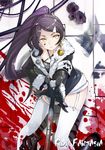  black_gloves blood blood_on_face bullet_hole earrings garter_straps gloves hair_ornament hairclip hand_on_hip highres jewelry long_hair pixiv_fantasia pixiv_fantasia_t ponytail purple_hair realmbw thighhighs white_legwear yellow_eyes 