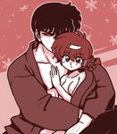  1boy 1girl blue_eyes blue_hair braid breasts cleavage genderswap holding hug kunou_tatewaki lowres monochrome ranma-chan ranma_1/2 red_hair saotome_ranma short_hair single_braid wantan-orz 