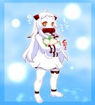  ahoge aircraft airplane chestnut covered_mouth dress horns jewelry kantai_collection long_hair looking_at_viewer mittens northern_ocean_hime object_hug older orange_eyes pendant sako_(bosscoffee) shinkaisei-kan solo toy_airplane translation_request white_dress white_hair white_skin 