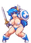  animated animated_gif bikini_bottom blue_eyes blue_hair boots bouncing_breasts breasts fighting_stance gloves hairband huge_breasts hypnotic long_hair lowres navel original pasties pixel_art sb_(coco1) shield solo sword tecna topless weapon 