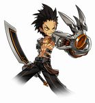  angry armor belt black_hair black_pants blackjd83 choker claws elsword fighting_stance forehead male_focus mechanical_arm official_art pants raven_(elsword) scar shirtless solo spiked_hair sword taker_(elsword) weapon white_background yellow_eyes 