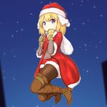  bad_id bad_pixiv_id banned_artist belt_boots blonde_hair boots brown_footwear brown_legwear buckle christmas gloves hat highres looking_at_viewer minagiku original pantyhose sack santa_costume santa_hat short_hair solo thighhighs yellow_gloves 