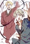  aldnoah.zero aqua_eyes bad_id bad_pixiv_id bandages blonde_hair cruhteo fighting_stance ghost kurumiya_hato multiple_boys silver_hair slaine_troyard whip 