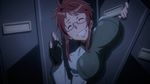  1girl animated animated_gif breasts clenched_teeth eyes_closed female fingerless_gloves glasses gloves large_breasts red_hair solo struggling suzue_konomi teeth trapped triage_x 