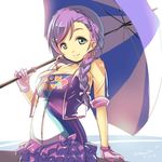  armband braid character_name dated earrings gloves green_eyes hair_ornament hair_over_shoulder hairpin holding holding_umbrella jewelry looking_at_viewer love_live! love_live!_school_idol_project muneshiro_(hitsuji_kikaku) purple_hair race_queen skirt smile solo tight toujou_nozomi transparent_jacket twitter_username umbrella 