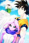  black_eyes black_hair black_sclera cape cloud day dougi dragon_ball dragon_ball_xenoverse dragon_ball_z female_majin green_skin looking_back muraosa_(conjecture) namek outdoors piccolo pink_skin pointy_ears sky smile son_gokuu spiked_hair turban 