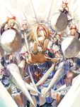  alice_margatroid blonde_hair blue_eyes book bow capelet doll foreshortening grimoire hair_between_eyes hair_bow hairband long_hair open_mouth polearm reaching_out ribbon shanghai_doll shield short_hair spear string string_around_finger sword toufu_koubou touhou weapon 