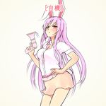  ameyame animal_ears bad_id bad_pixiv_id blush breasts bunny_ears bunny_tail collared_shirt finger_on_trigger gun hand_on_hip handgun highres long_hair looking_at_viewer looking_down lunatic_gun medium_breasts purple_hair red_eyes reisen_udongein_inaba shirt skirt solo tail touhou triangle_mouth very_long_hair weapon 