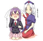 animal_ears bunny_ears closed_eyes closed_mouth comforting crying highres long_hair long_sleeves multiple_girls open_mouth petting pink_skirt pleated_skirt purple_hair reisen_udongein_inaba short_sleeves simple_background skirt smile tears touhou translated wavy_mouth white_background white_hair yagokoro_eirin yamato_(muchuu_paradigm) 