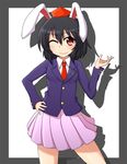  animal_ears black_hair blazer blush bunny_ears collared_shirt cosplay hand_on_hip hat jacket miniskirt necktie one_eye_closed pleated_skirt pose red_eyes red_neckwear reisen_udongein_inaba reisen_udongein_inaba_(cosplay) shameimaru_aya shirt short_hair skirt smile solo teoi_(good_chaos) tokin_hat touhou 