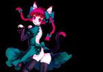  adapted_costume animal_ears ass back back_cutout black_background black_legwear bow braid cat_ears cat_tail choker dress fixed frills green_dress hair_bow hair_ornament highres itou_life jpeg_artifacts kaenbyou_rin long_hair long_sleeves looking_at_viewer looking_back no_panties non-web_source open_mouth paw_pose puffy_sleeves red_eyes red_hair scan simple_background smile solo tail textless thighhighs touhou twin_braids 
