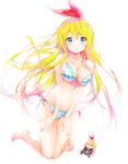  bad_id bad_pixiv_id barefoot bikini blonde_hair blue_bikini blue_eyes blush breasts character_doll cleavage front-tie_top hair_ribbon kirisaki_chitoge kneeling koshika_rina long_hair looking_at_viewer medium_breasts navel nisekoi plaid plaid_bikini ribbon side-tie_bikini smile solo swimsuit thigh_gap 