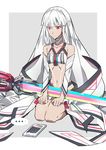  1girl altera_(fate) bandeau bangs bodypaint cellphone choker dark_skin detached_sleeves fate/grand_order fate_(series) flat_chest hagoromo hands_on_thighs highres kon_manatsu long_hair navel phone photon_ray pink_eyes red_eyes seiza shawl silver_hair sitting smartphone solo sword tiara veil very_long_hair weapon white_hair 