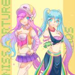  alternate_costume alternate_hair_color arcade_miss_fortune arcade_sona blue_eyes blue_hair breasts cleavage detached_sleeves fingerless_gloves gloves hair_over_one_eye huayue large_breasts league_of_legends long_hair midriff miniskirt multiple_girls navel open_mouth pink_hair sarah_fortune skirt sona_buvelle twintails very_long_hair wavy_hair 