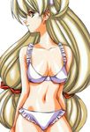  blonde_hair bra collarbone growlanser growlanser_i hair_ribbon hair_rings karen_langley light_smile long_hair looking_away low-tied_long_hair navel official_art panties profile red_ribbon ribbon solo twintails underwear underwear_only urushihara_satoshi very_long_hair white_background white_bra white_panties 