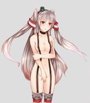  amatsukaze_(kantai_collection) blush breasts brown_eyes covered_nipples covering covering_crotch hair_tubes hairband hat kantai_collection long_hair medium_breasts naked_suspenders navel silver_hair solo suspenders thighhighs two_side_up wavy_mouth yawndere 