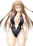  ayato breasts brown_hair center_opening cleavage covered_nipples crescent glasses highres jewelry kantai_collection large_breasts long_hair looking_at_viewer mochizuki_(kantai_collection) necklace older playing_with_own_hair solo swimsuit yellow_eyes 