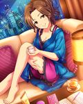  artist_request barefoot book breasts brown_eyes brown_hair calculator cleavage couch cup curtains feet floral_print idolmaster idolmaster_cinderella_girls indoors kawashima_mizuki lamp medium_breasts official_art open_book pen pillow saucer sitting skyline solo teacup 