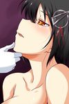  black_hair breasts chin_grab gloves haguro_(kantai_collection) hair_ornament hairclip hand_on_another's_chin highres kantai_collection medium_breasts nishi_koutarou open_mouth short_hair solo_focus topless upper_body white_gloves yellow_eyes 