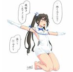  barefoot black_hair blue_ribbon brown_eyes cosplay dungeon_ni_deai_wo_motomeru_no_wa_machigatteiru_darou_ka gloves hair_ribbon hestia_(danmachi) hestia_(danmachi)_(cosplay) kantai_collection kneeling minazuki_tsuyuha navel open_mouth rei_no_himo ribbon solo tone_(kantai_collection) translated twintails 