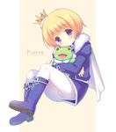  blonde_hair blush boots bulge cape character_name crown earrings full_body idolmaster idolmaster_side-m jewelry kaerre male_focus pierre_(idolmaster) purple_eyes sakura_puchirou smile solo stuffed_animal stuffed_frog stuffed_toy 