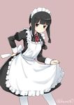  alternate_costume apron bangs black_hair blunt_bangs blush braid brown_eyes hair_over_shoulder hand_on_hip kamoto_tatsuya kantai_collection kitakami_(kantai_collection) long_hair maid maid_headdress pantyhose pink_background ribbon single_braid skirt solo twitter_username white_legwear 