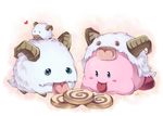  blue_eyes blush_stickers chibi chibi_on_head cookie crossover food hat heart horns kakip kirby kirby_(series) league_of_legends no_humans on_head poro_(league_of_legends) tongue tongue_out 